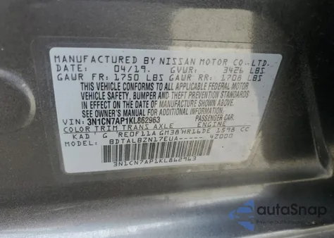 2019 Nissan Versa S z USA, uszkodzony, nr VIN 3N1CN7AP1KL862963